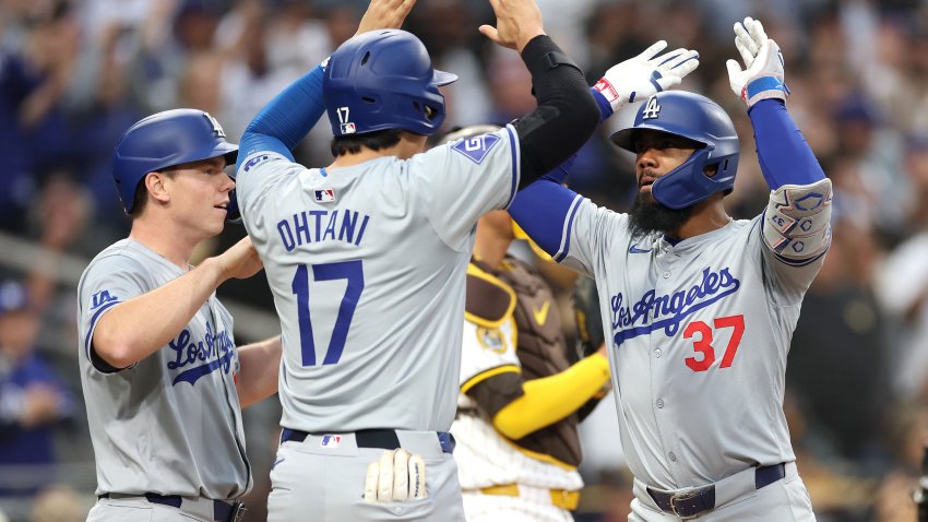 SAN DIEGO, CALIFORNIA – MAY 11: Will Smith #16, Max Muncy #13 and Shohei Ohtani #17 congratulate Teoscar Hernández #37 of the Los Angeles Dodgers after his grandslam during the sixth inning of a game against the San Diego Padres at Petco Park on May 11, 2024 in San Diego, California. (Photo by Sean M. Haffey/Getty Images)