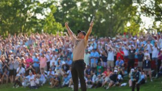 LOUISVILLE, KENTUCKY – MAY 19: Xander Schauffele of the United States celebrates after winning on the 18th green during the final round of the 2024 PGA Championship at Valhalla Golf Club on May 19, 2024 in Louisville, Kentucky. (Photo by Michael Reaves/Getty Images)