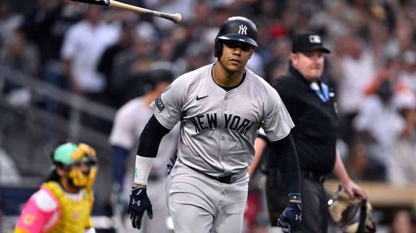 SAN DIEGO, CALIFORNIA – MAY 24: Juan Soto #22 of the New York Yankees tosses his bat after hitting a two-run home run against the San Diego Padres during the third inning at Petco Park on May 24, 2024 in San Diego, California. (Photo by Orlando Ramirez/Getty Images)