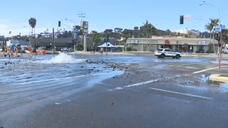 A water main break closed Morena Boulevard near Linda Vista on May 13, 2024.
