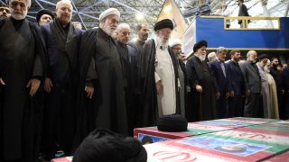 Iran’s Supreme Leader Ali Khamenei leads funeral prayer for the late Iranian President Ebrahim Raisi, Foreign Minister Hossein Amir-Abdollahian and other officials who died in a helicopter crash at the Tehran University campus in Tehran, Iran on May 22, 2024. 