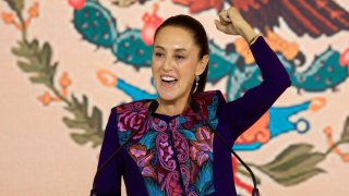 Claudia Sheinbaum, the presidential candidate of the ruling MORENA party, reacts as she addresses her supporters after winning the election, in Mexico City, Mexico June 3, 2024.
