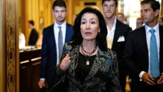 Oracle CEO Safra Catz, center, departs following a meeting on Capitol Hill in Washington on June 18, 2024. Chief executives from major companies including Palantir Technologies and Oracle Corp. met with senators at the Capitol Tuesday to press for US support of Israel amid its invasion of Gaza, while seeking a way to release hostages held by Hamas.