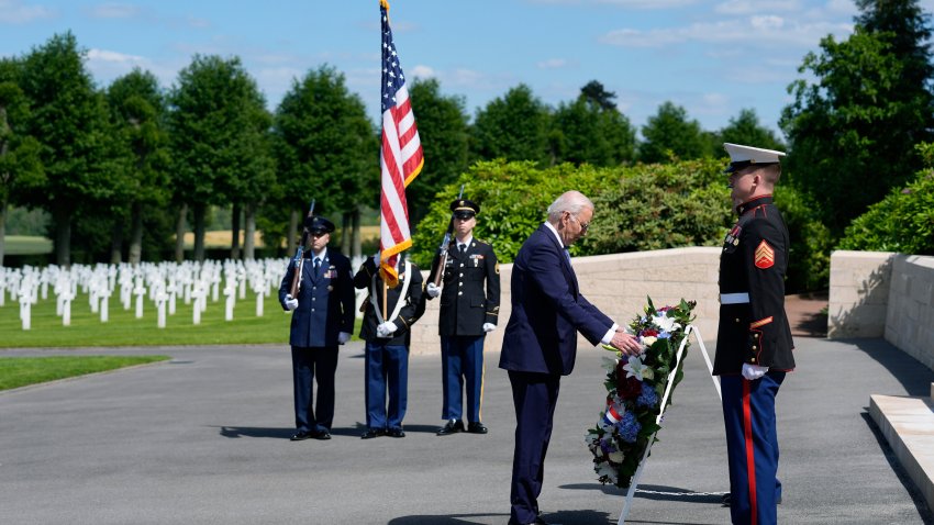 U.S. President Joe Biden attends a wreath laying ceremony at the Aisne-Marne American World War One Cemetery in Belleau, France, Sunday, June 9, 2024.