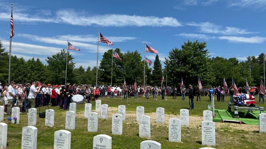 Former U.S. Marine Gerry Brooks is laid to rest Thursday, June 20, 2024 at the Maine Veterans Memorial Cemetery in Augusta. Hundreds of people attended the funeral after Brooks died alone last May and a funeral home asked for volunteers to serve as pallbearers.