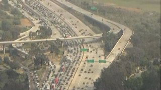 Northbound traffic on Interstate 5 was heavily backed up near the San Diego County Fair on June 19, 2024 as fairgoers flocked to the Del Mar Fairgrounds on Juneteenth. (NBC 7 San Diego)