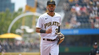 PITTSBURGH, PENNSYLVANIA – JULY 19, 2023: Tucupita Marcano #30 of the Pittsburgh Pirates runs off the field during the third inning against the Cleveland Guardians at PNC Park on July 19, 2023 in Pittsburgh, Pennsylvania. (Photo by George Kubas/Diamond Images via Getty Images)