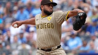 KANSAS CITY, MISSOURI – JUNE 01:  Randy Vasquez #98 of the San Diego Padres throws a pitch in the first inning against the Kansas City Royals at Kauffman Stadium on June 01, 2024 in Kansas City, Missouri. (Photo by Ed Zurga/Getty Images)