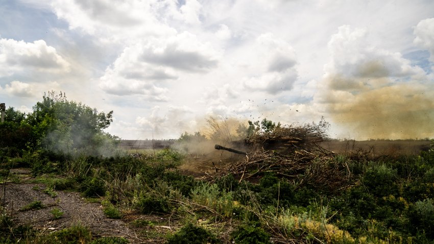 An artillery pipe firing at Russian positions is seen in the direction of the Chasiv Yar, as the war between Russia and Ukraine continues