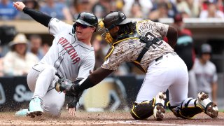 SAN DIEGO, CALIFORNIA – JUNE 09: Luis Campusano #12 of the San Diego Padres is late with the tag on Joc Pederson #3 who scored on a double hit by Lourdes Gurriel Jr. #12 of the Arizona Diamondbacks during the second inning of a game Petco Park on June 09, 2024 in San Diego, California. (Photo by Sean M. Haffey/Getty Images)