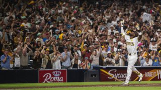 SAN DIEGO, CALIFORNIA – JUNE 25: Jurickson Profar #10 of the San Diego Padres celebrates after hitting a grand slam home run in the sixth inning against the Washington Nationals at Petco Park on June 25, 2024 in San Diego, California. (Photo by Matt Thomas/San Diego Padres/Getty Images)