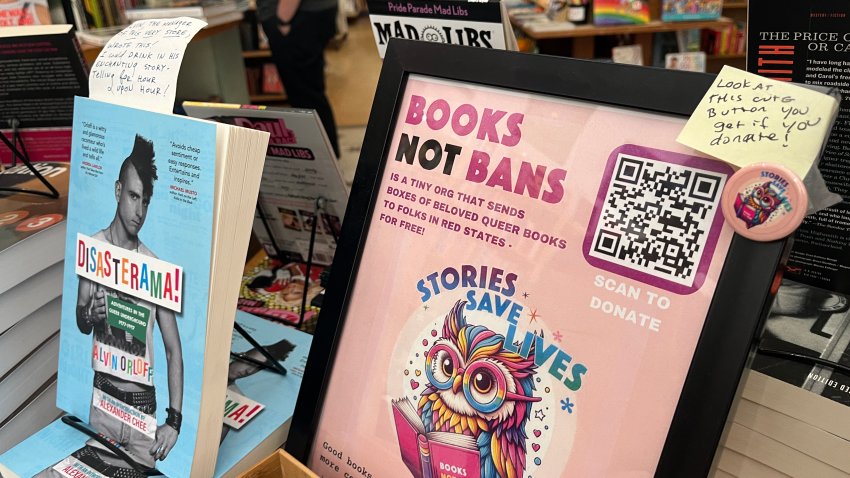 A shelf at San Francisco’s Fabulosa bookstore advertises the “Books not Bans” program, which sends queer books to organizations in states experiencing book bans at no cost to those organizations. June 29, 2024. NBC Bay Area Photo/Alyssa Goard.