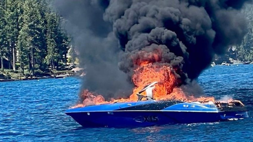 A boat burns in Lake Tahoe.