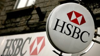 HSBC logo is displayed outside a branch of in the United Kingdom.