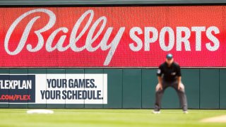 A Bally Sports display is shown in the eighth inning of the game between the MLB’s Houston Astros and Minnesota Twins at Target Field in Minneapolis, Minnesota, on April 9, 2023.