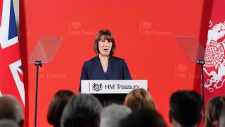 Britain’s Chancellor of the Exchequer Rachel Reeves delivers a speech at the Treasury, to an audience of leading business figures and senior stakeholders, announcing the first steps the new Labour Government will take to deliver economic growth, in London on July 8, 2024. 