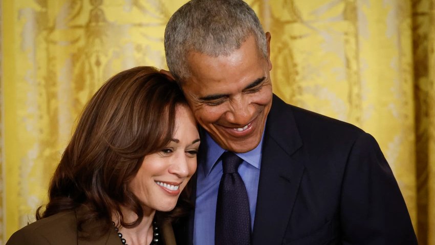 Former President Barack Obama hugs Vice President Kamala Harris during an event to mark the 2010 passage of the Affordable Care Act in the East Room of the White House on April 5, 2022 in Washington, DC. 