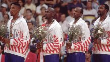 (L-R) USA Scottie Pippen, Michael Jordan, Clyde Drexler, and Karl Malone