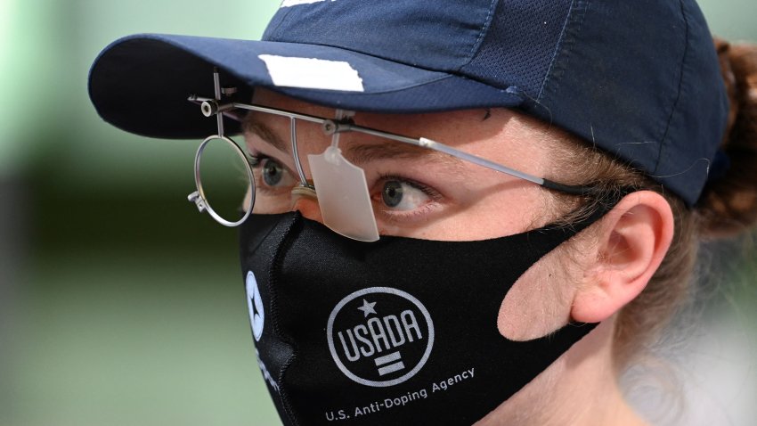 USA's Alexis Lagan competes in the 10m air pistol mixed team qualification during the Tokyo 2020 Olympic Games at the Asaka Shooting Range in Tokyo on July 27, 2021.