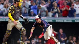 CLEVELAND, OH – JULY 19: Cleveland Guardians left fielder Steven Kwan (38) hustles to touch home plate during the eighth inning of the Major League Baseball Interleague game between the San Diego Padres and Cleveland Guardians on July 19, 2024, at Progressive Field in Cleveland, OH. (Photo by Frank Jansky/Icon Sportswire via Getty Images)