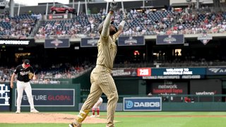 WASHINGTON, DC – JULY 24: Jurickson Profar #10 of the San Diego Padres celebrates after hitting a two-run home run in the second inning against the Washington Nationals at Nationals Park on July 24, 2024 in Washington, DC. (Photo by Greg Fiume/Getty Images)