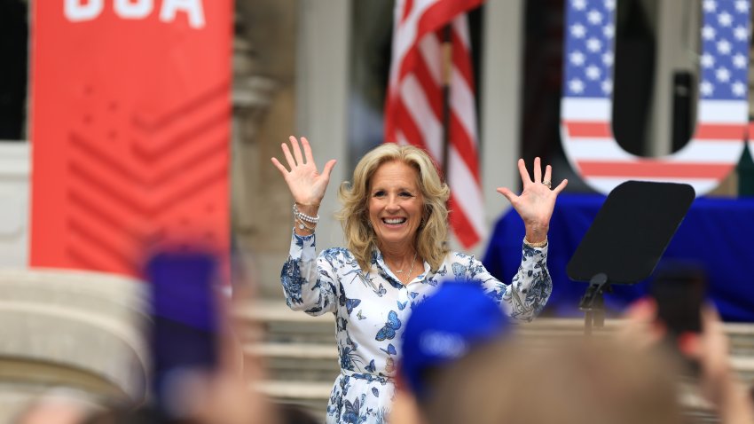 Jill Biden, First Lady of the United States, reacts as she meets Team United States Families ahead Of The Paris 2024 Olympic Games on July 25, 2024 in Paris, France.