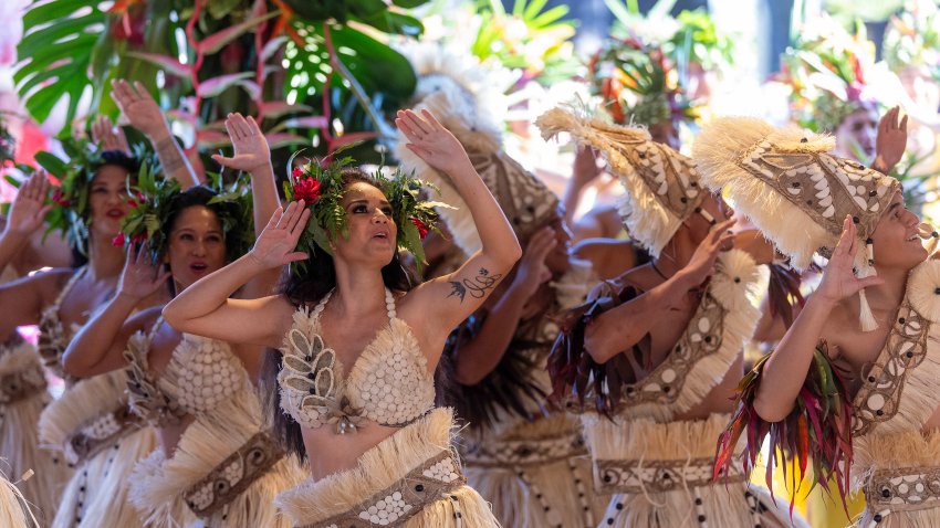 Locals perform during the opening ceremony of the Olympic Games Paris 2024 on July 26, 2024 in Teahupo'o, French Polynesia.