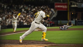 SAN DIEGO, CALIFORNIA – JULY 30: Donovan Solano #39 of the San Diego Padres hits a walk-off single in the tenth inning against the Los Angeles Dodgers at Petco Park on July 30, 2024 in San Diego, California. (Photo by Matt Thomas/San Diego Padres/Getty Images)