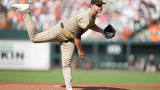 BALTIMORE, MD – JULY 27:  Michael King #34 of the San Diego Padres pitches in third inning during a baseball game against the Baltimore Orioles at Oriole Park at Camden Yards on July 27, 2024 in Baltimore, Maryland.  (Photo by Mitchell Layton/Getty Images)