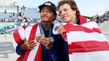 PARIS, FRANCE - JULY 29: Silver medalist Jagger Eaton of Team United States (R) and Bronze medalist Nyjah Huston of Team United States (L) pose on the podium uring the Men's Street Finals on day three of the Olympic Games Paris 2024 at Place de la Concorde on July 29, 2024 in Paris, France. (Photo by Cameron Spencer/Getty Images)