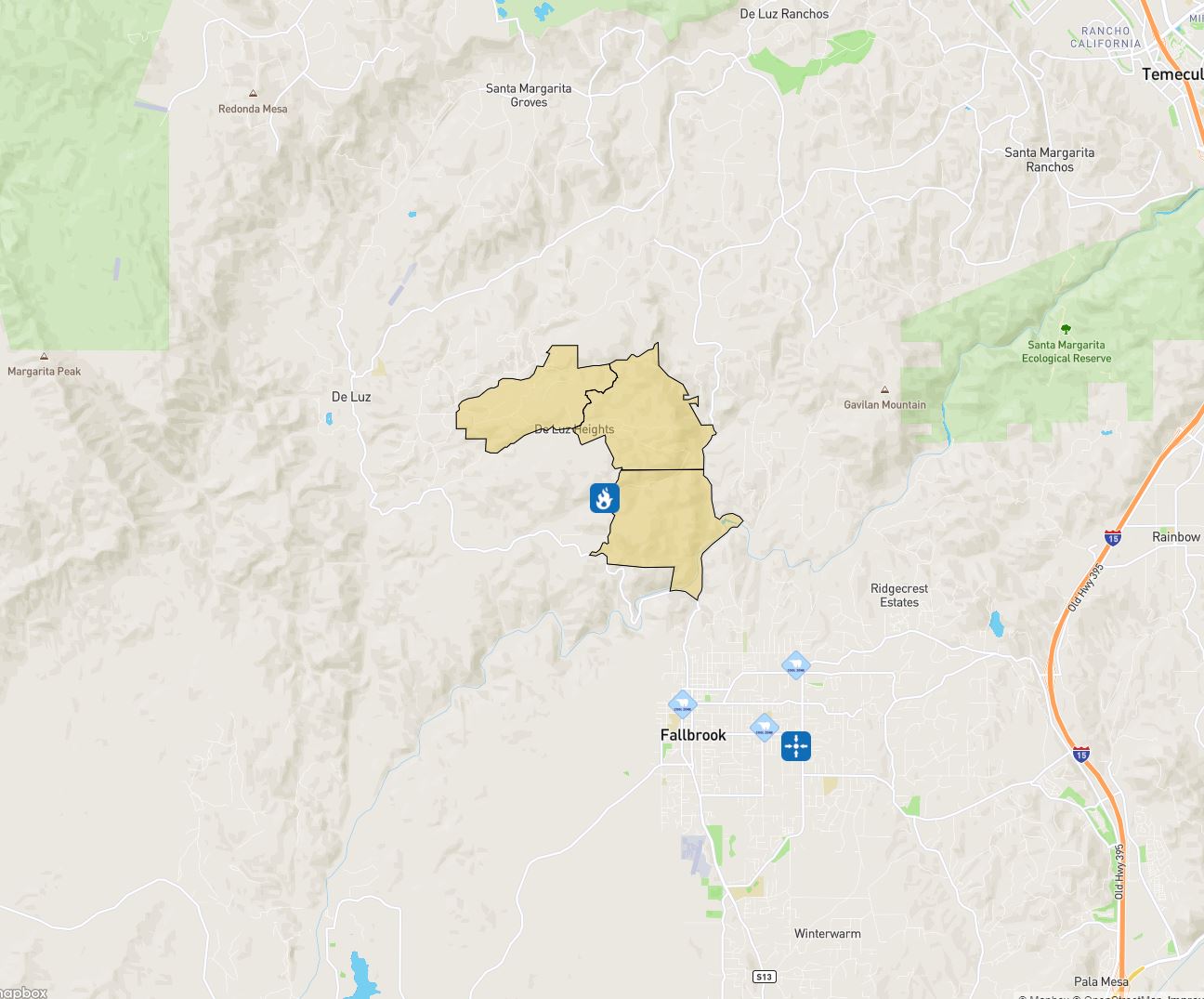 Those in the yellow areas of the De Luz area were under an evacuation warning due to the Trail 4 Fire on July 28, 2024, Cal Fire said. (County of San Diego)