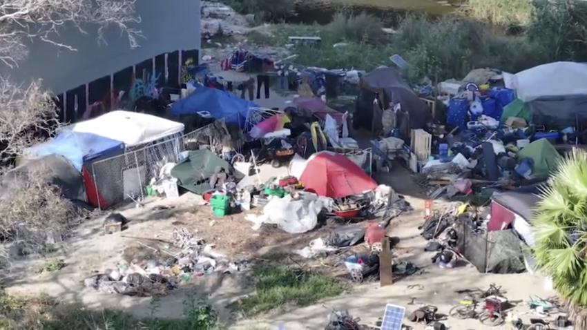 The encampment under Interstate 5 that the City of San Diego is working to clear.