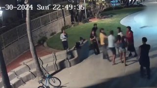 The San Diego Police Department released surveillance footage on Wednesday of a group attacking two people in Pacific Beach in hopes of identifying the suspects. (San Diego Police Department)