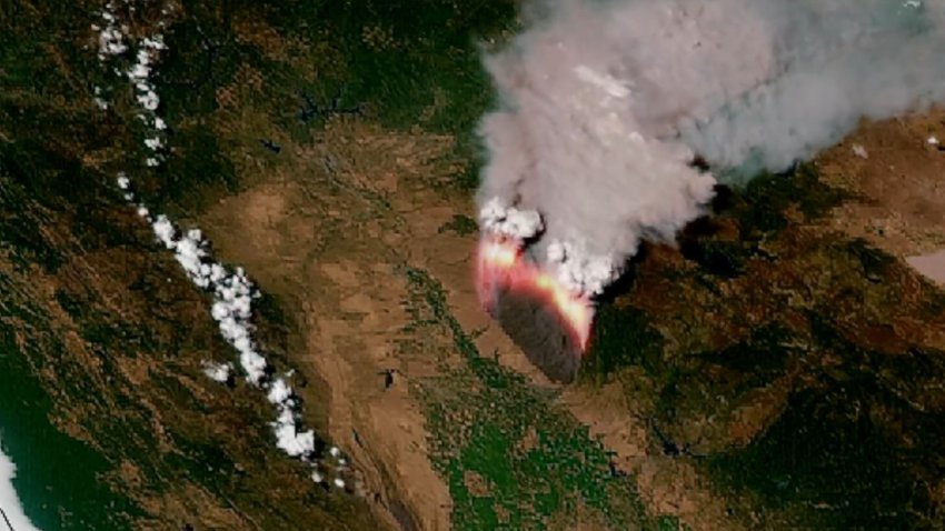 Satellite image shows the Park Fire burning July 26, 2024 in Northern California.