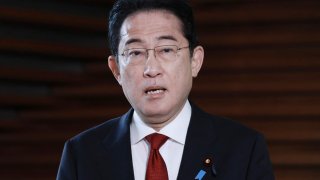 Japan’s Prime Minister Fumio Kishida speaks to reporters following North Korea’s missile launch on April 13, 2023.