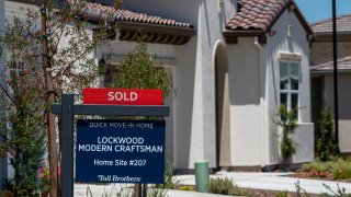 A “Sold” sign outside a home in the Toll Brothers Regency Ranch at Folsom housing community in Folsom, California, US, on Tuesday, May 16, 2023.