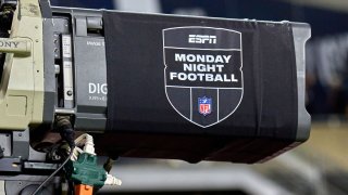 A detail view of a broadcast camera is seen with the NFL crest and ESPN Monday Night Football logo on it during a game between the Chicago Bears and the Minnesota Vikings at Soldier Field in Chicago on Dec. 20, 2021.