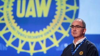 UAW President Shawn Fain chairs the 2023 Special Elections Collective Bargaining Convention in Detroit, Michigan, U.S., March 27, 2023.