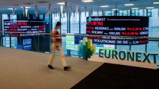 A balcony above a trading floor inside the Euronext NV stock exchange in Paris, France, on Monday, March 13, 2023. 