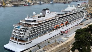 The Norwegian-flagged cruise ship Viking Sea is seen moored in the Valletta harbor in Malta on September 9, 2021. 