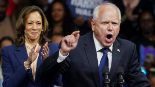 Minnesota Gov. Tim Walz, the Democratic vice presidential candidate, speaks during a campaign rally with Democratic presidential candidate Vice President Kamala Harris, in Philadelphia, Aug. 6, 2024.