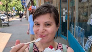 Gili Malinsky eating ice cream in Massachusetts.