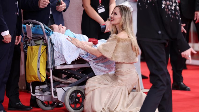 Angelina Jolie speaks to Pasqualino Esposito at the Venice International Film Festival at in Venice, Italy, on Aug. 29, 2024.