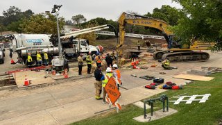 Photo shows the scene in Scripps Ranch after construction worker killed after being trapped under dirt and a pipe in a trench on Aug. 28, 2024.