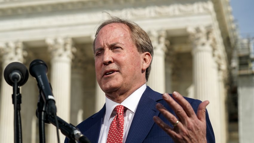 Ken Paxton, Texas Attorney General, speaks with the media after oral arguments were heard by the United States Supreme Court to determine whether the controversial Florida and Texas social media laws, which prohibits platforms from suspending the accounts of political candidates or media publications, can stand on February 26, 2024, in Washington, DC.  Their decision has far reaching implications for the role that states can play in regulating the tech industry.