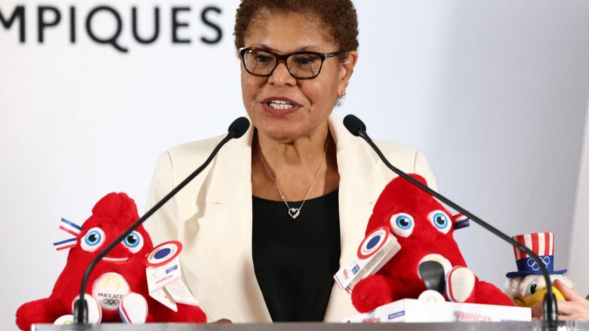 Los Angeles Mayor Karen Bass speaks during a press conference next to Paris Olympics mascots Phryges at the French Sports ministry in Paris on March 8, 2024. (Photo by EMMANUEL DUNAND / AFP) (Photo by EMMANUEL DUNAND/AFP via Getty Images)