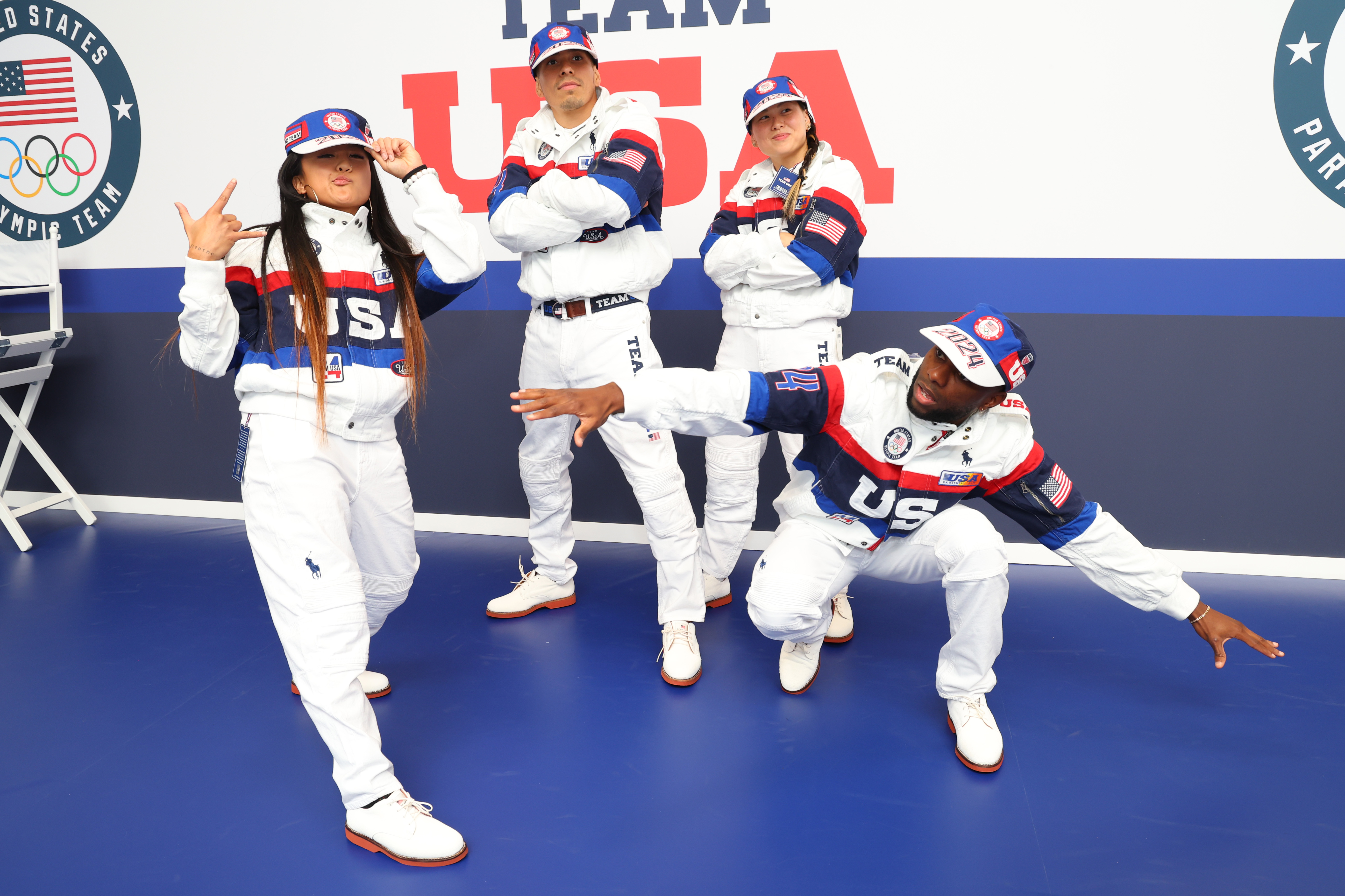 PARIS, FRANCE – JULY 21: Victor Montalvo, Grace Choi, Jeffrey Louis and Logan Edra try on clothes during Team USA Welcome Experience ahead of Paris 2024 Summer Olympics at Polo Ralph Lauren on July 21, 2024 in Paris, France.  (Photo by Joe Scarnici/Getty Images for USOPC)