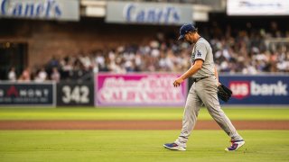 SAN DIEGO, CALIFORNIA – JULY 31: Clayton Kershaw #22 of walks off the mound after being pulled from the game in the fourth inning the Los Angeles Dodgers at Petco Park on July 31, 2024 in San Diego, California. (Photo by Matt Thomas/San Diego Padres/Getty Images)