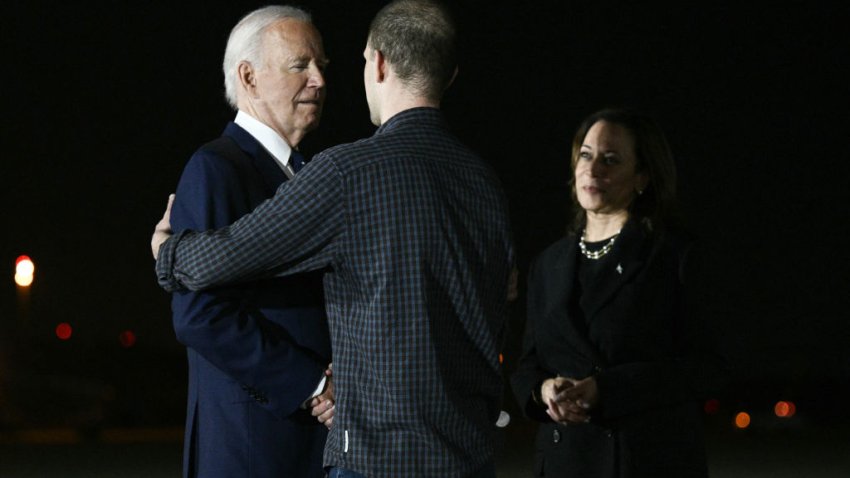 Evan Gershkovich is welcomed by US President Joe Biden