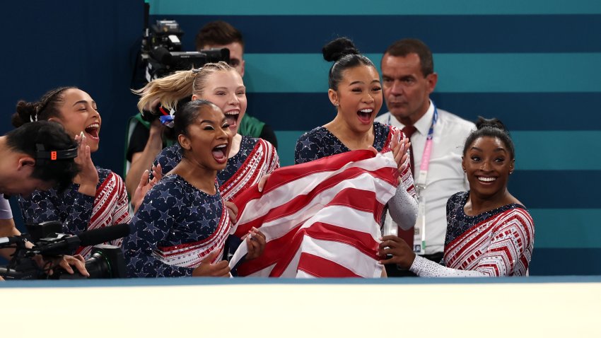 (L-R) Hezly Rivera, Jordan Chiles, Jade Carey, Sunisa Lee and Simone Biles